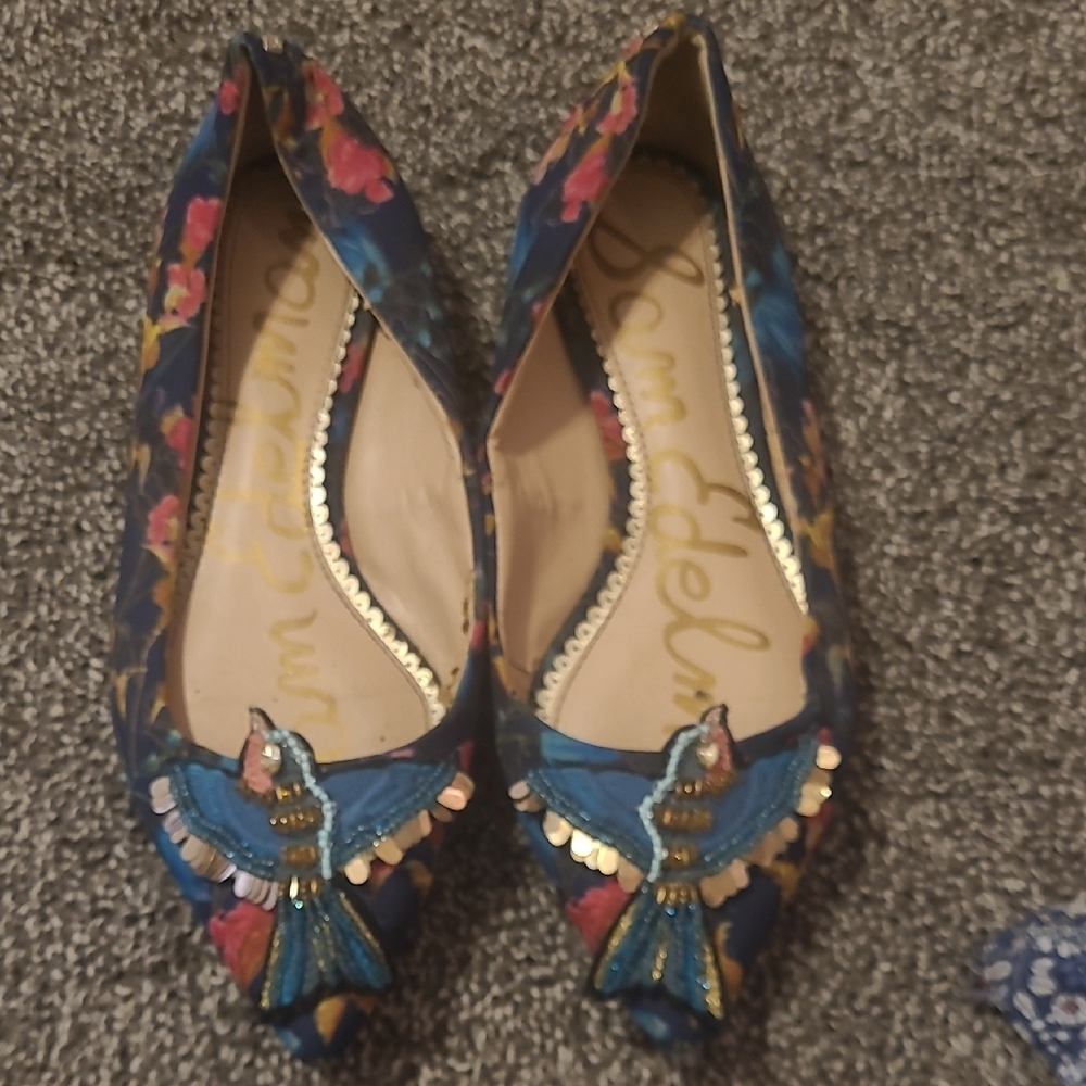 Sam Edelman Blue and Gold Flats with Decorative Bow